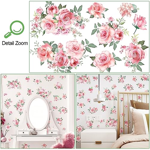 Pink Flowers & Green Leaves Wall Decals - Removable Peel & Stick Garden Floral Wall Stickers for Bedroom & Living Room - color: Pink