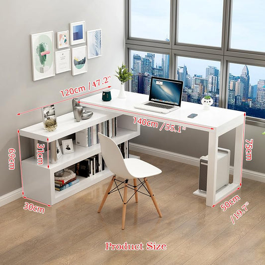 L Shaped Desk with Shelves Reversible Computer Desk with Storage and Stainless Steel Pipe Support,Corner Desk for Small Space,Home Office, Living Room Light-Walnut 55.1''+47.2'' - color: Light-walnut, size: 55.1''+47.2''
