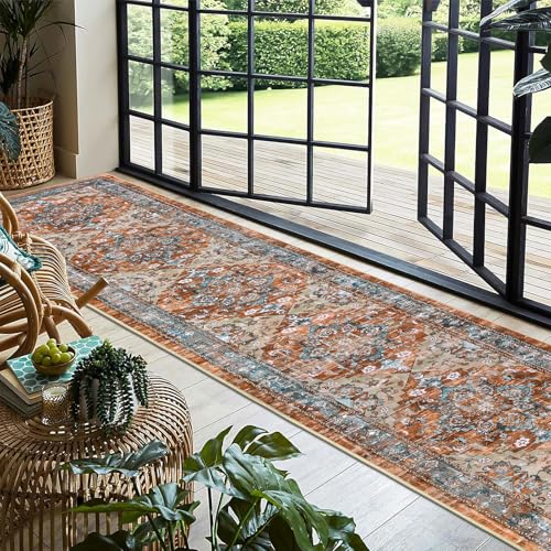 Bsmathom Runner Rug for Hallways Non Slip Washable Boho 2’6”x14 Hallway Low Pile Throw Rugs Vintage Carpet Runners for Entry Way, Kitchen, Laundry Room, Bathroom - color: Brown Red, size: 2'6" x 14' (Runner)