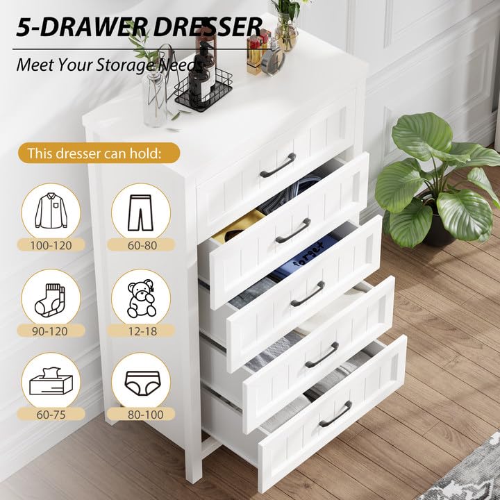 Jocoevol 5 Drawer Dresser for Bedroom - Farmhouse 44.9" Tall Chest of Dresser with Large Storage, Rubst Wood Construction for Living Room, Hallway & Entryway - White - color: White