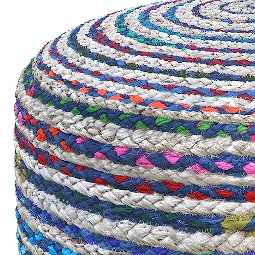 SIMPLIHOME Margo 30" Wide Round Pouf in Natural Jute and Cotton | Boho footstool, braided pouf, extra seating for living room or bedroom with polystyrene bead filling, assembled; accent seat. - color: Multi-blue, style: Pouf