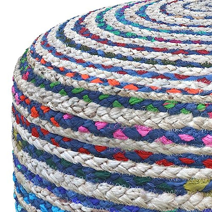 SIMPLIHOME Margo 30" Wide Round Pouf in Natural Jute and Cotton | Boho footstool, braided pouf, extra seating for living room or bedroom with polystyrene bead filling, assembled; accent seat. - color: Multi-blue, style: Pouf