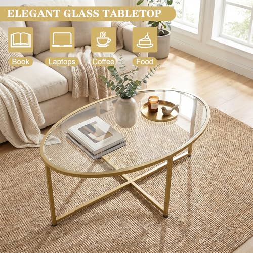 Wolawu Coffee Table Gold Oval Glass Coffee Tables for Living Room,Modern Gold Metal Frame Tea Tables for Small Space, Tempered Glass Top Center Table with Stable Cross Base for Bedroom, Office,Balcony - color: Gold Glass