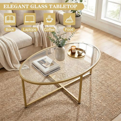 Wolawu Coffee Table Gold Oval Glass Coffee Tables for Living Room,Modern Gold Metal Frame Tea Tables for Small Space, Tempered Glass Top Center Table with Stable Cross Base for Bedroom, Office,Balcony - color: Gold Glass