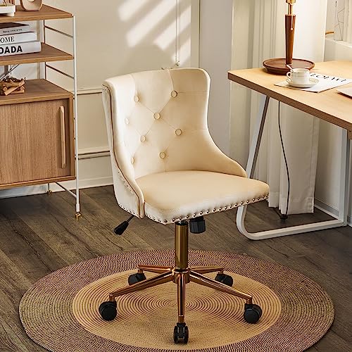 VINGLI Beige Velvet Armless Home Office Desk Chair with Gold Base/Wheels, Small Cute Vanity/Makeup Chair with Back for Bedroom, Upholstered Adjustable Rolling Swivel Nail Chair for Women/Girls - color: Beige