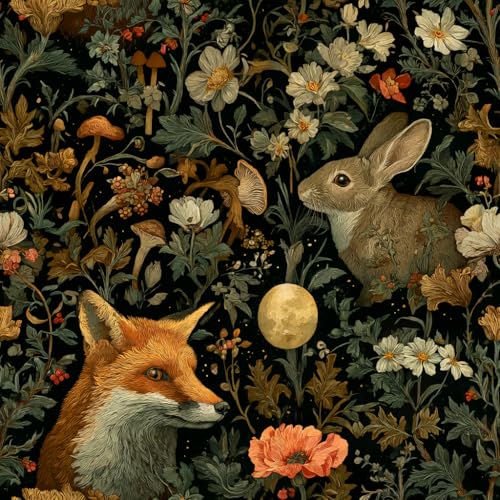Vintage Floral Peel and Stick Animal Wallpaper Self Adhesive Removable Waterproof 17.72" x 118.1'' Whimsical Forest Fox Rabbit Botanical Mural Renter Friendly for Bedroom Living Room Study - color: WZ-HU0026-3, size: 17.7" x 118.1"