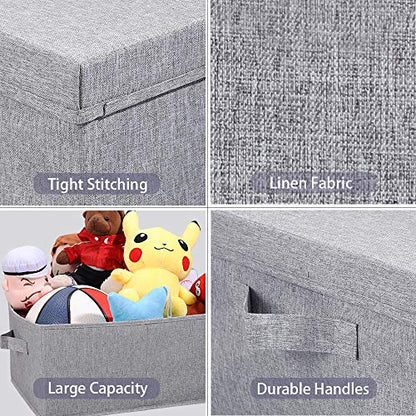 HOONEX Linen Foldable Storage Bins with Lids, 2 Pack, Storage Boxes with Carrying Handles and Sturdy Heavy Cardboard, 16.5" L x 11.8" W x 7.5" H for Shoes, Books, Clothes, Light Grey - color: Light Grey