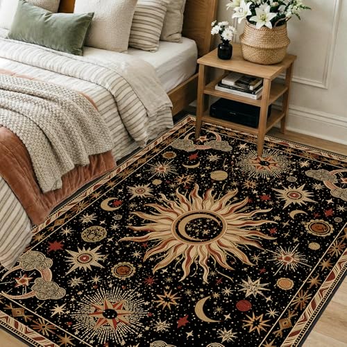 Vacuum-Friendly, 4x6 Washable Area Rug, Black Gold Beige Red | Sun and Moon Boho Gothic Non-Slip Low Pile Living Roon Bedroom Dining Room Kitchen Entry Entryway Entrance Hallway Doormat - color: Black/Gold/Beige/Red, size: 4' x 6' (Rectangular)