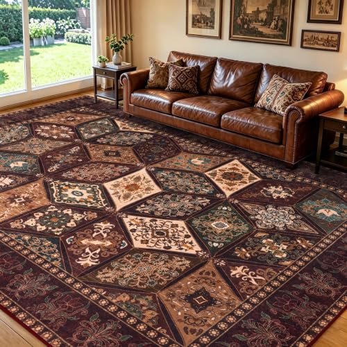 Vintage Rug 5x7, Washable Distressed Patchwork Rug for Living Room, Brown | Elegant Floral Bedroom Carpet with Non Slip Low Pile, Moroccan Burgundy Design for Dorm Nursery Office Apartment - color: Brown/Burgundy, size: 5x7 Feet