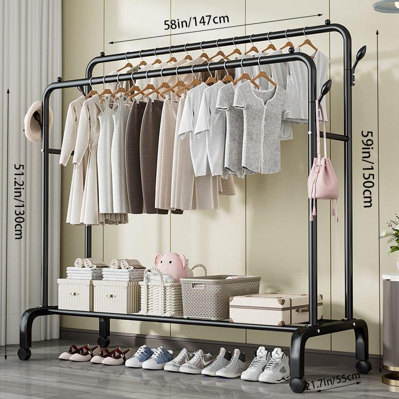 Double-Rod Garment Rack with Wheels, Clothing Rack for Hanging Clothes,4 Hooks, Multi-functional Bedroom Clothes Rack, Black