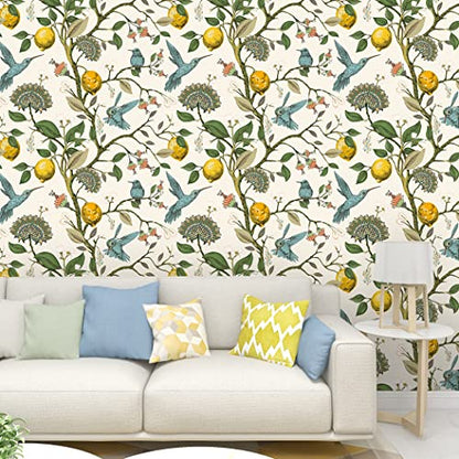 Blue Bird Self Adhesive Wallpaper Fresh Lemon Tree Peel and Stick Wallpaper Removable Waterproof Prepasted Contact Paper Wall Mural 17.7in x 9.8ft (Pack of 2) - size: 17.7" x 118" (Pack of 2)