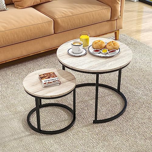 HOJINLINERO Round Coffee Table,Nesting Coffee Table Set of 2,Center Tables for Living Room,Office, Home Small Space,Stacking Side Tables,Sturdy and Easy Assembly,Wood Desktop,Black+White Oak,Small - color: Oak, size: Small