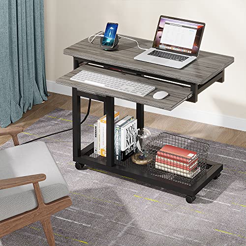 Tribesigns Small Portable Desk with Power Outlet, Height Adjustable Sofa Couch Bedside Laptop Table with Wheels, Mobile Standing Desk Rolling Computer Cart C Side Table with USB Ports - color: Grey