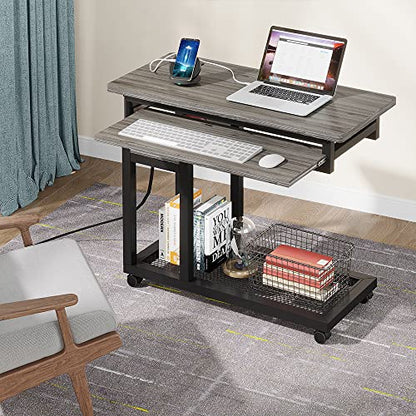 Tribesigns Small Portable Desk with Power Outlet, Height Adjustable Sofa Couch Bedside Laptop Table with Wheels, Mobile Standing Desk Rolling Computer Cart C Side Table with USB Ports - color: Grey
