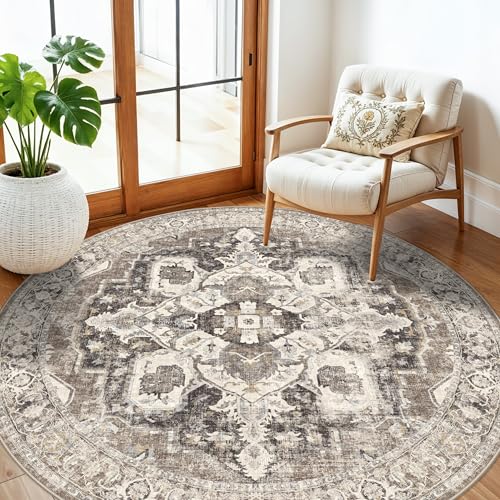 YOUFORTONG Washable 6ft Round Area Rug: Living Room Vintage Circle Area Rugs Stain Resistant Carpet for Bedroom Non-Slip Soft Low Pile Floor Decor Mat for Dining Room (Beige/Brown/Grey, 6'Round) - color: Beige, size: 6' (Round)