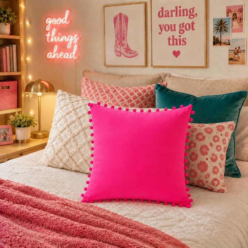 WWW.THROWPILLOW.IN Hot Pink Solid Cotton Cushion Cover with Pom Pom Preppy Decorative Throw Pillow Cover for Dorm Room,Feminine Chic Home Decor Accent Large Square Cushion 20x20 Inches