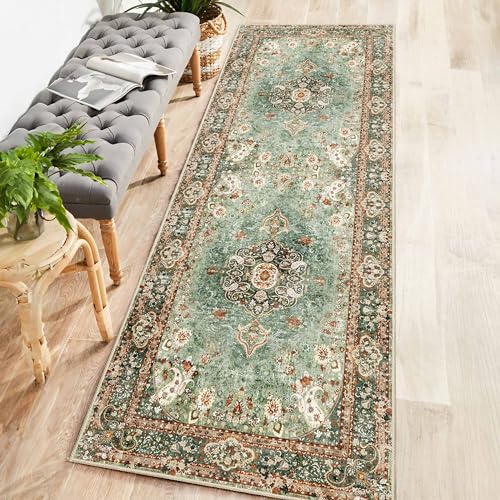 Washable Runner Rug 2x6,Long Green Rug Runners for Hallways | Boho Rugs Non Slip for Kitchen Bedroom Entryway Living Room Bathroom,Vintage Bohemian Distressed Oriental Floor Carpet - color: Green, size: 2'x6'