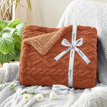 Bedsure Gentlesoft Sherpa Fleece Blanket Twin Size for Bed - Fluffy & Cozy Cable Jacquard Tufted for Women Gift, Thick and Warm Christmas Blanket for Winter, Orange, 60x80 Inches | Ultra-Soft, Cozy, Fuzzy for Fall, Winter, Ideal for Couch, Living Room, Gi
