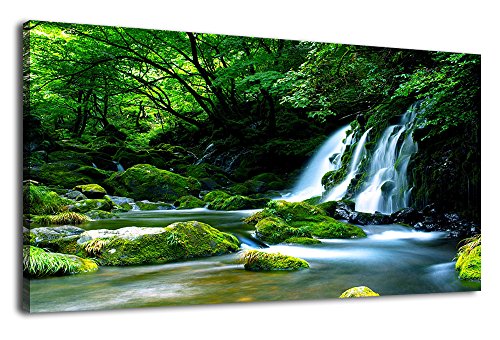 Waterfall Canvas Wall Art Living Room Decoration Large Nature Picture Artwork Modern Wall Art Landscape Green Forest for Kitchen Office Wall Decor Home Decorations Framed Ready to Hang 20" x 40" - color: Green Forest Waterfall Stream, size: 40"L x 20"W