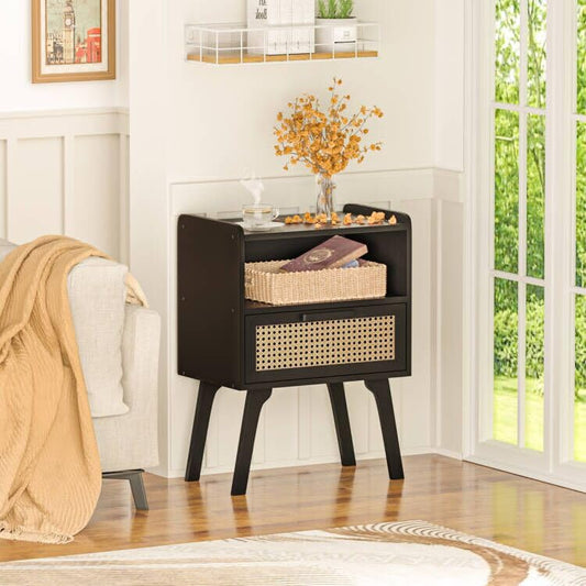 Lerliuo Rattan Nightstand, Bedside Table with Drawer Open Shelf | Cane Accent Side End Table with Solid Wood Legs, Black Mid Century Night Stand for Bedroom, Dorm and Small Spaces - color: Black With Natural, size: 1 pack