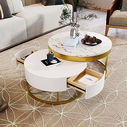 Modern Round Nesting Coffee Table with Drawers for Living Room in White - color: Golden+white