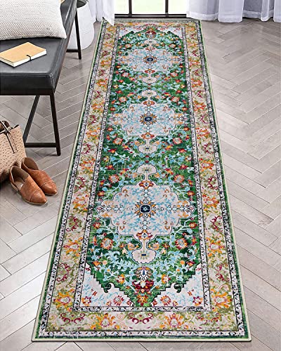 U'Artlines 2' x 8' Boho Hallway Runner Rug, Non Slip Washable Vintage Farmhouse Accent Area Rug Carpet for Kitchen Entryway Laundry and Living Room (Green) | Vintage Farmhouse Kitchen Rug Accent Area Carpet for Entryway Laundry and Living Room - color: Gr