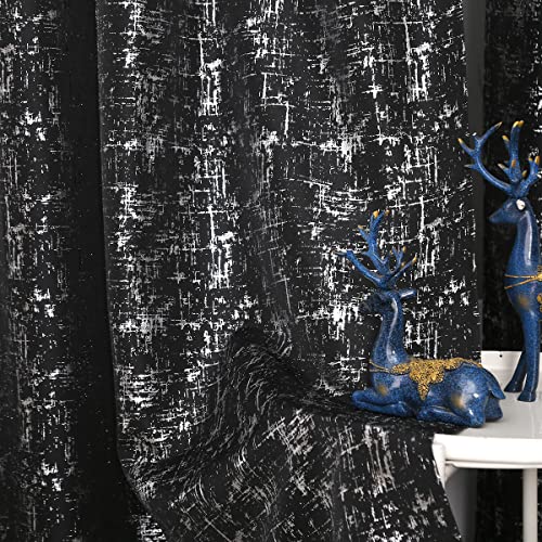 Taisier Home Silver Foil Print Linen Textured Curtains Geometric Dots Pattern Design Curtains for Nursery Toy Room Thermal Insulated Window Treatment 2 Panels 45" L,Black and Silver Drapes Print - color: Black/Silver, size: 52"W x 45"L (Pack of 2)