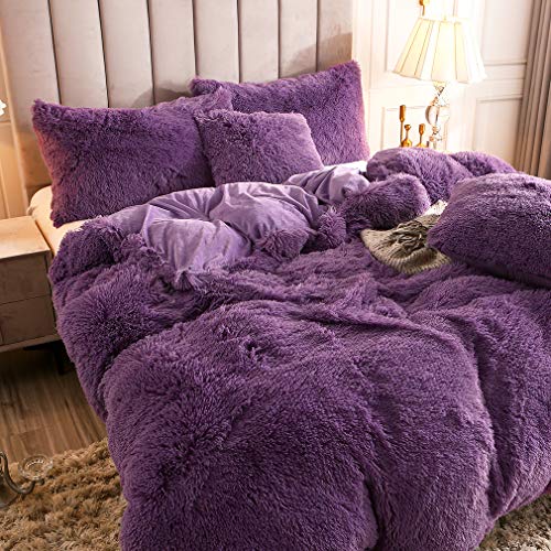 Faux Fur Velvet Fluffy Bedding Duvet Cover Set Down Comforter Quilt Cover with Pillow Shams, Ultra Soft Warm (King, Purple) - color: Purple, size: King