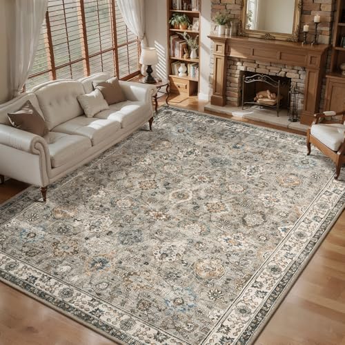 Tangsoo 4x6 Washable Area Rugs Non Slip,Vintage Boho Beige Floral Throw Rug | Farmhouse Distressed 4 x 6 Neutral Rug for Bedroom,Soft Low Pile Grey Floor Carpet for Entrance Office Bedside Living Room - color: Distressed Beige Grey, size: 4' X 6' (Rectang