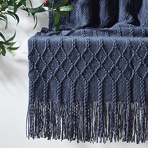 KASYLAN Acrylic Knitted Throw Blanket for Sofa Bed 50x60 Inch Navy | Cozy acrylic knitted throw, warm lightweight blanket, washable teal cover for couch, bed & living room decor - color: Rhombu-navy