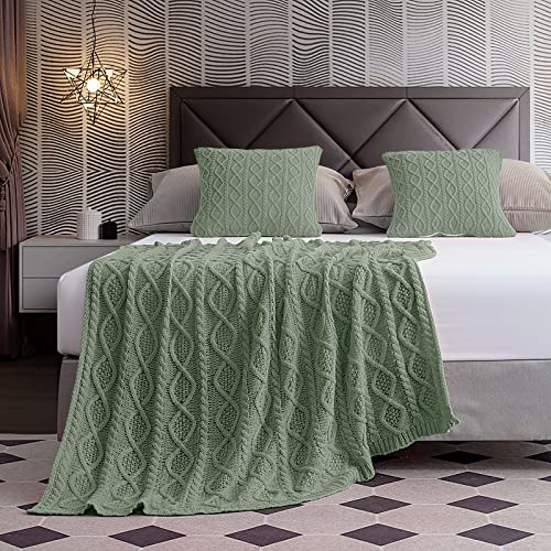 Homiest Sage Green Cable Knit Throw Blanket Set of 3, with 2 Pillow Covers | Pure Acrylic, Lightweight & Breathable, All-Season Use, Machine Washable, Wrinkle & Fade Resistant, for Couch Bed And Sofa - color: Sage Green, size: 50 x 60 Inch Blanket & 18 x