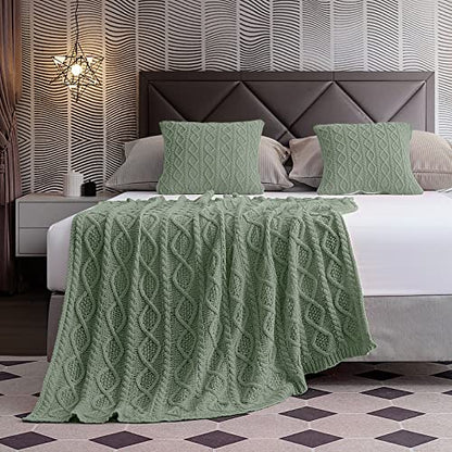 Homiest Sage Green Cable Knit Throw Blanket Set of 3, with 2 Pillow Covers | Pure Acrylic, Lightweight & Breathable, All-Season Use, Machine Washable, Wrinkle & Fade Resistant, for Couch Bed And Sofa - color: Sage Green, size: 50 x 60 Inch Blanket & 18 x
