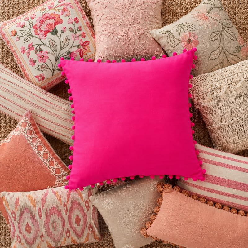 WWW.THROWPILLOW.IN Hot Pink Solid Cotton Cushion Cover with Pom Pom Preppy Decorative Throw Pillow Cover for Dorm Room,Feminine Chic Home Decor Accent Large Square Cushion 20x20 Inches