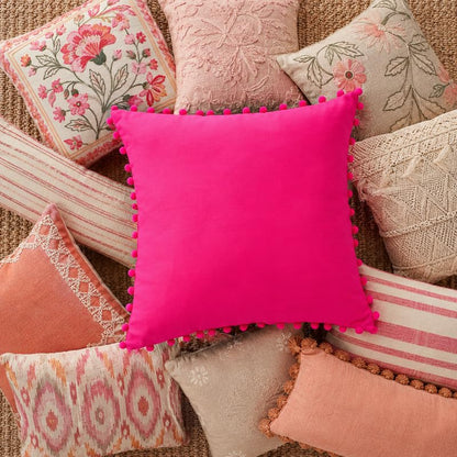WWW.THROWPILLOW.IN Hot Pink Solid Cotton Cushion Cover with Pom Pom Preppy Decorative Throw Pillow Cover for Dorm Room,Feminine Chic Home Decor Accent Large Square Cushion 20x20 Inches