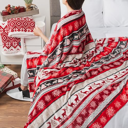 Pavilia Holiday Reindeer Snowflakes Fleece Throw Blanket | Soft, Plush, Warm Winter Cabin Throw, 50x60, Red - color: Holiday - Reindeer, size: 50 x 60 Inches - Throw