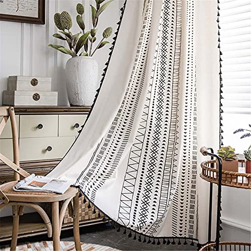 Deeprove Boho Curtains 84 Inches Long, Cream White and Black Bohemian Geometric Print with Tassel, Cotton Linen Semi-Blackout Window Fringe Drape for Bedroom Living Room, Rod Pocket, 1 Panel, 59"x84" - color: Cream & Black Boho, size: 59"W x 84"L (Pack of