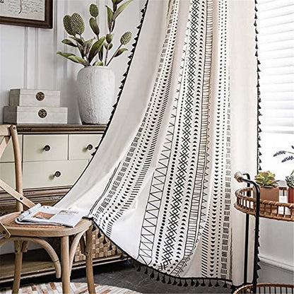 Deeprove Boho Curtains 84 Inches Long, Cream White and Black Bohemian Geometric Print with Tassel, Cotton Linen Semi-Blackout Window Fringe Drape for Bedroom Living Room, Rod Pocket, 1 Panel, 59"x84" - color: Cream & Black Boho, size: 59"W x 84"L (Pack of