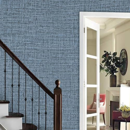 Blue Gray Grasscloth Peel and Stick Wallpaper 17.3"x120" Faux Linen Textured Contact Paper Removable Self Adhesive Vinyl Wallpaper for Bedroom Bathroom Kitchen Cabinets - color: Blue/Gray, size: 17.3" x 120"