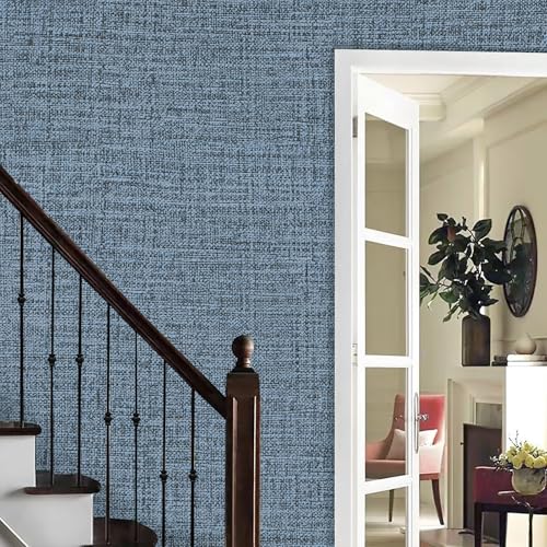 Blue Gray Grasscloth Peel and Stick Wallpaper 17.3"x300" Faux Linen Textured Contact Paper Removable Self Adhesive Vinyl Wallpaper for Bedroom Bathroom Kitchen Cabinets - color: Blue/Gray, size: 17.3" x 300"