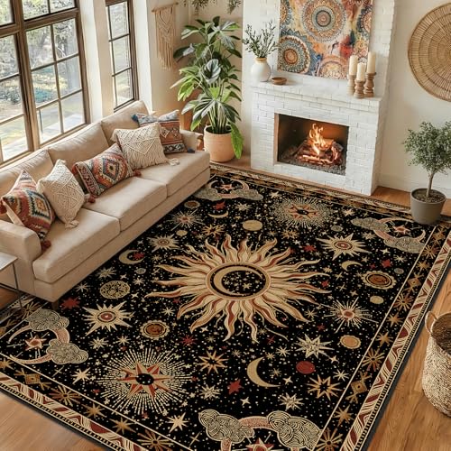 Vacuum-Friendly, 9x12 Washable Area Rug, Black Gold Beige Red | Sun and Moon Boho Gothic Non-Slip Low Pile Living Roon Bedroom Dining Room Kitchen Entry Entryway Entrance Hallway Doormat - color: Black/Gold/Beige/Red, size: 9' x 12' (Rectangular)