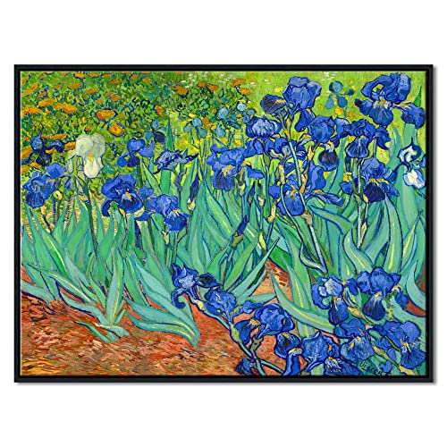 Wieco Art Framed Wall Art Irises by Van Gogh Famous Flowers Oil Paintings Reproduction Large Canvas Prints Modern Canvas Prints Artwork Pictures on Canvas for Wall Decor Black Frame - size: 32"L x 24"W