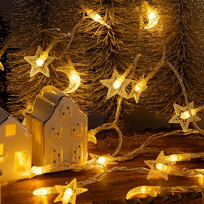 Whimsigoth Star and Moon Decor String Lights, Indoor Bedroom Classroom Dorm Patio Party Wedding Decor, Warm White (30ft Battery) - size: 30ft Battery
