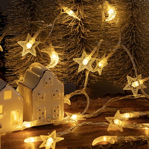Whimsigoth Star and Moon Decor String Lights, Indoor Bedroom Classroom Dorm Patio Party Wedding Decor, Warm White (9ft Battery Powered) - size: 9ft Battery