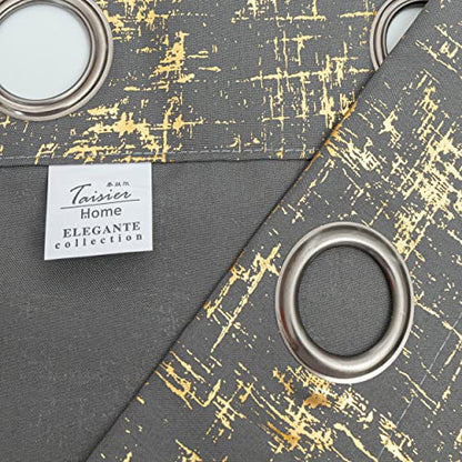 Taisier Home Gold Foil Print Linen Textured Curtains Geometric Dots Pattern Design Curtains for Nursery Toy Room Thermal Insulated Window Treatment 2 Panels 45" L,Dark Grey and Gold Drapes Print - color: Greyish Green/Gold, size: 52"W x 45"L (Pack of 2)
