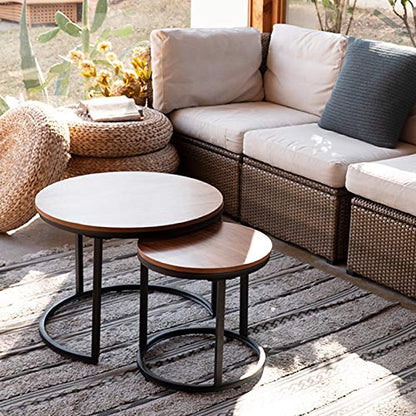 aboxoo Coffee Table Nesting Side Round Set of 2 End Table Top Sturdy Metal Frame Desk Centerpiece Living Room Bedroom Apartment Modern Industrial Simple Nightstand - color: Black Brown