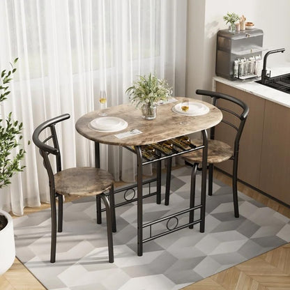 Shahoo 3-Piece Dining Table Set for 2, Kitchen Breakfast Nook Set, Walnut | 2 Chairs & Round Tabletop, Space Saving Wooden Furniture Metal Frame and Built-in Wine Rack - color: Walnut
