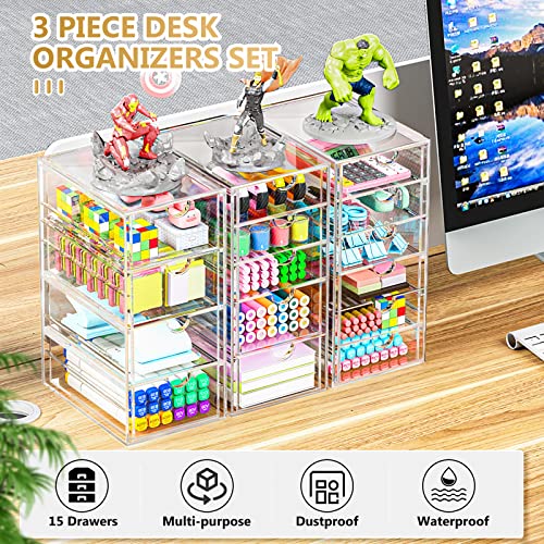 YFXCVSL 3-Pack Acrylic 15-Drawer Storage & Makeup Organizer for Desk | Smooth-glide drawers, clear acrylic, dustproof, waterproof, wipe-clean, for nail polish, essential oils, hair clips - size: 15 Drawers