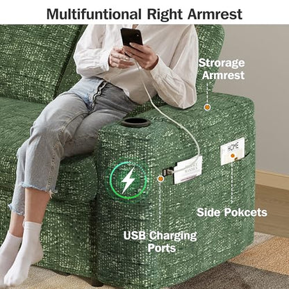 Vipbear 65" Loveseat Sleeper Sofa with Pull Out Bed, Chenille 3-in-1 Convertible Sofa Bed with Reclining Backrest|USB Ports|Cup Holders|Side Table|Storage Armrests, Tool Free Assembly, Green - color: Green
