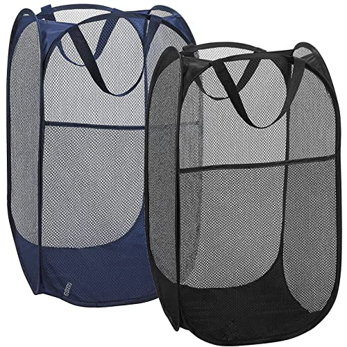 2 Laundry Baskets, pop-up Laundry Baskets, Foldable mesh Laundry Baskets (Each with 2 Reinforced Handles)…, Blue - color: 2 Black + Blue