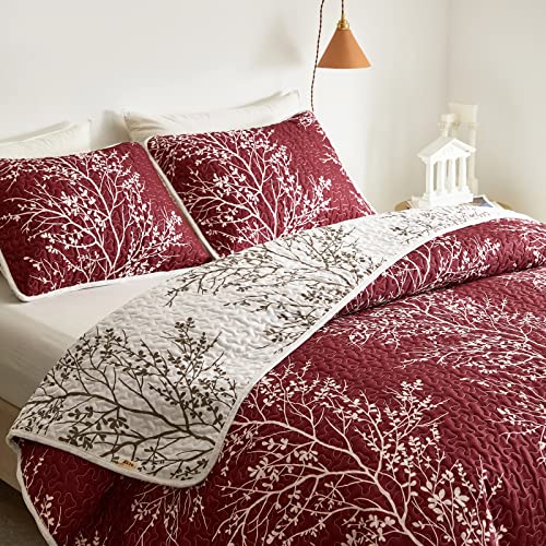 3 Pieces Christmas Quilt Set Burgundy Red Branch Queen Size 88x88 Soft Microfiber Lightweight Coverlet Bedspread New Year Holiday Bedding Set Bed Cover for All Season (1 Quilt+ 2 Shams) - color: Red Branch, size: Queen(88x88)